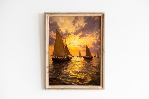 Vintage Nautical Seascape Sailing Boats At Sunset Dramatic Golden Sky Moody Maritime Decor Classic Coastal Art 426