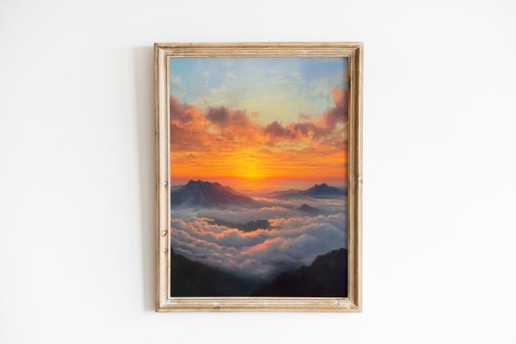 Dramatic Sunrise Above Clouds Serene Landscape Art Rustic Mountain Decor Moody Painting Wall 292