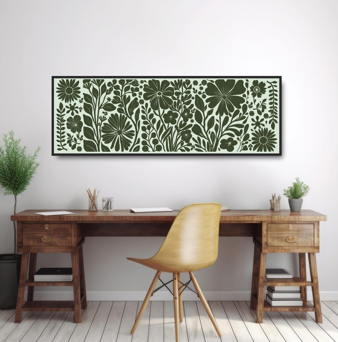 Green Botanical Floral Pattern Midcentury Folk Minimalist Wall Art - Image 2