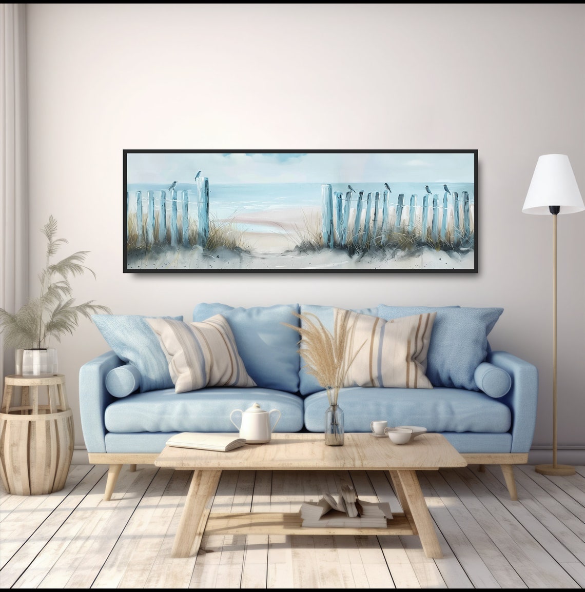 Seagulls on Beach Fence Watercolor Panoramic Coastal Dunes Wall Art - Image 5