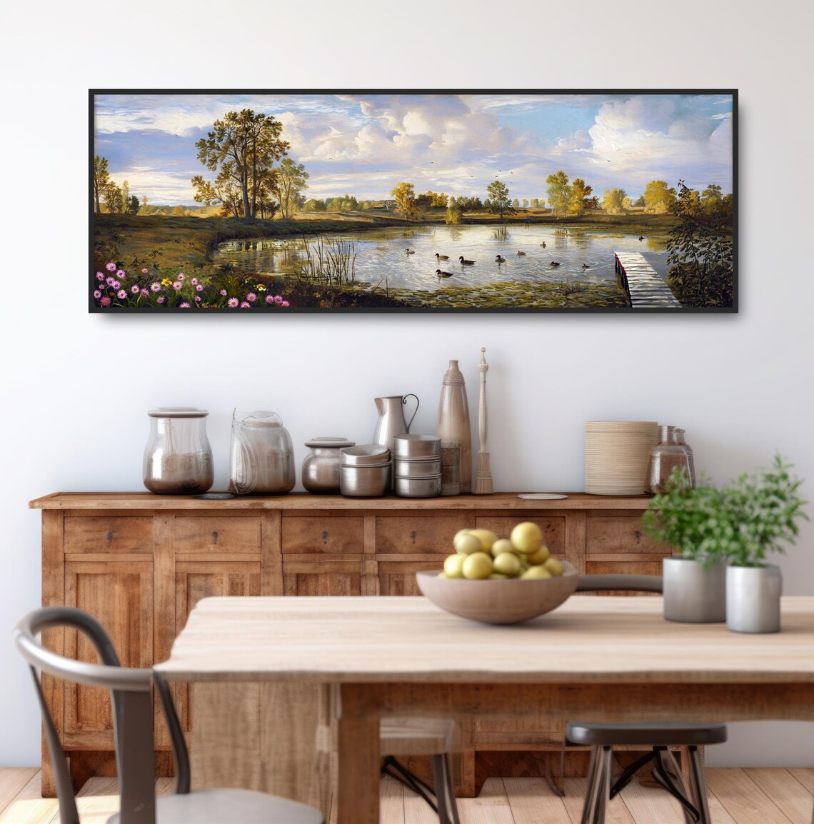 Duck Pond Morning Wooden Dock Panoramic Traditional Landscape Poster - Image 3