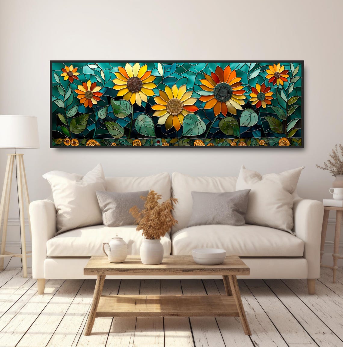Stained Glass Style Sunflowers Teal Background Mosaic Art Poster - Image 5