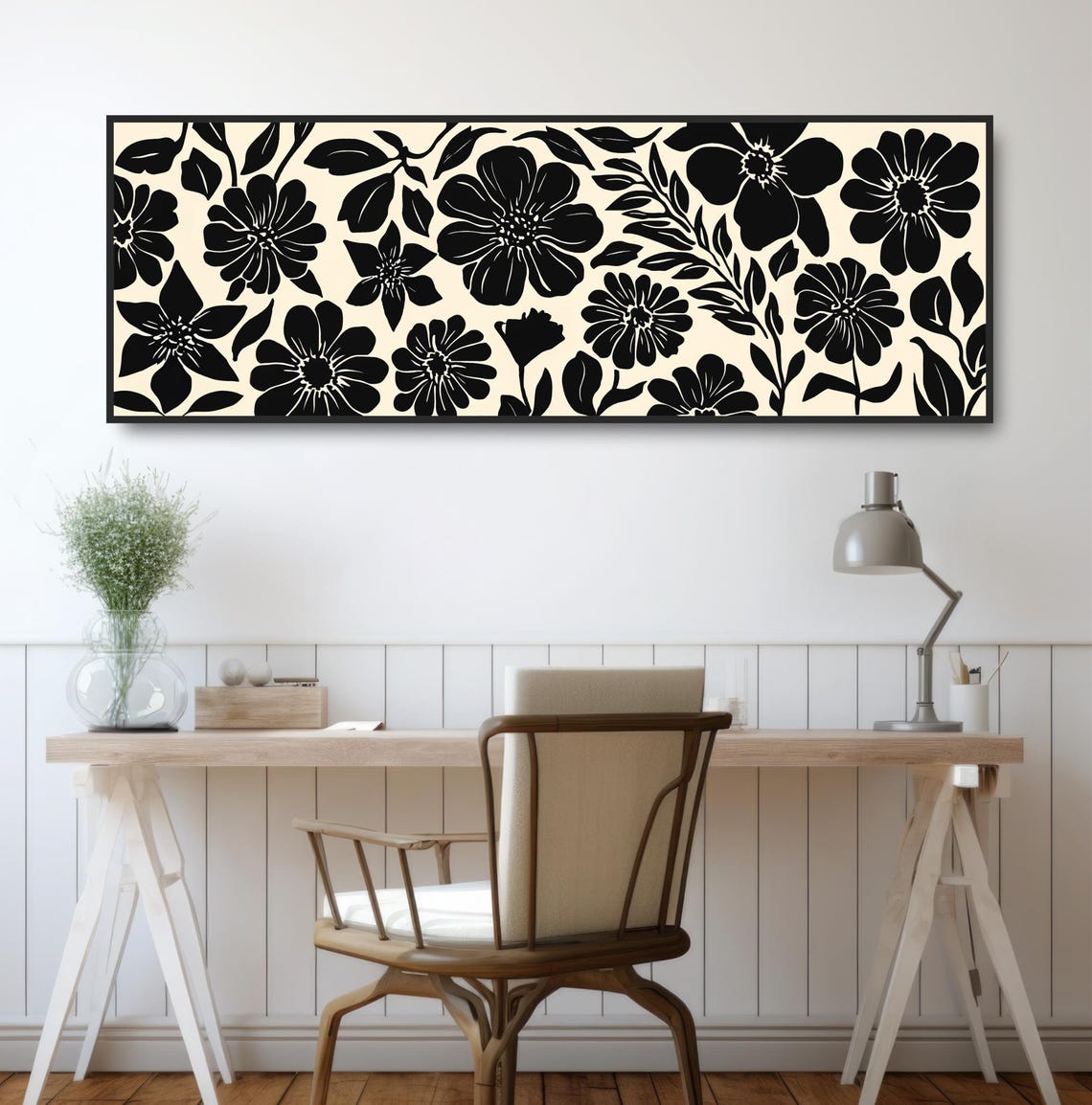 Abstract Black And White Floral Art Minimalist Botanical Mid Century Modern Wall Decor Monochromatic Bold Nature Inspired Design - Image 2