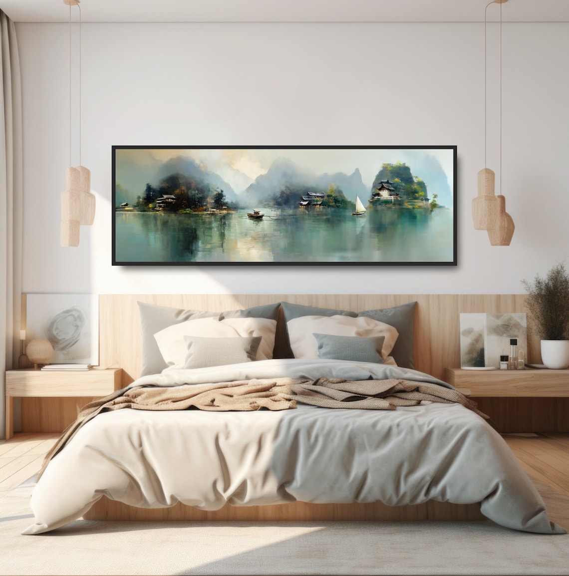 Boats on an Asian Lake, Mountain Island Homes Art Print - Image 5