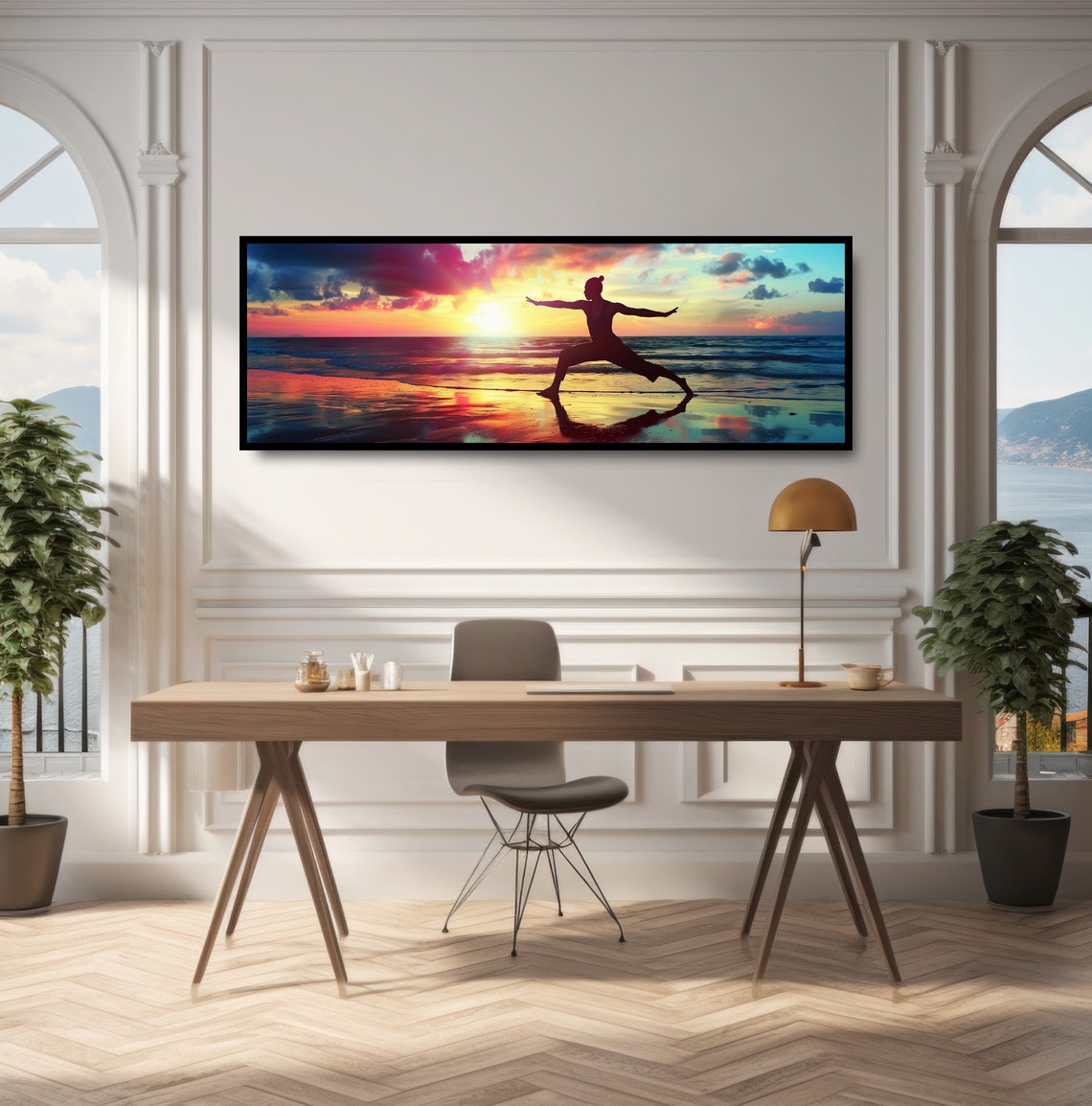 Beach Yoga Panoramic Sunrise Photograph Silhouette Warrior Pose Photo Zen Calm Ocean Sea Inspirational Fitness Art Sports Wall Decor - Image 2