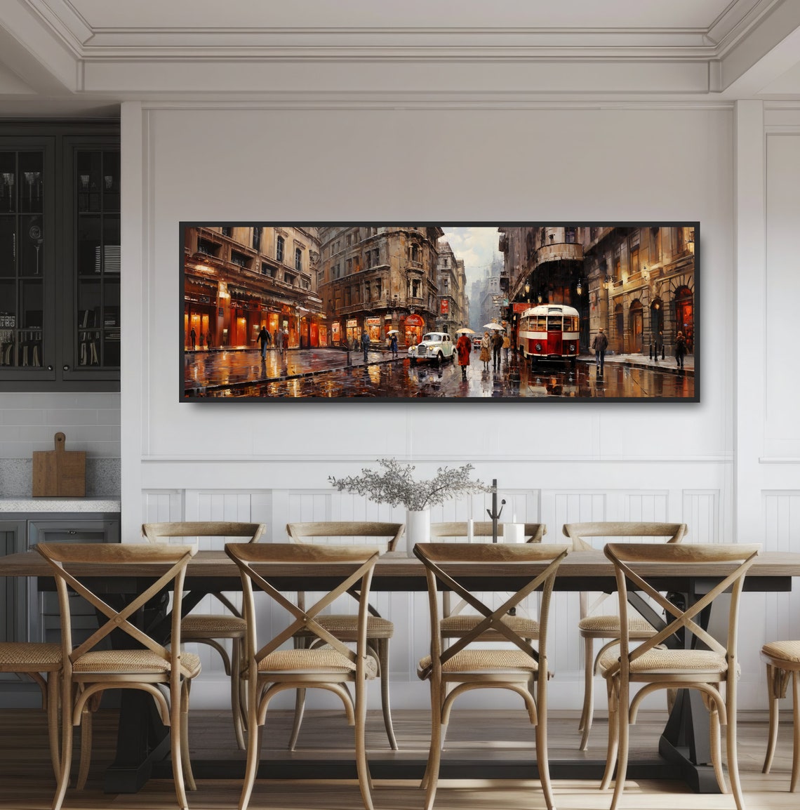 1950s European City Rainy Downtown Street Scene Traditional Panoramic Oil Painting Fine Art Print Old Tram Streetcar Trollycar Classic Car - Image 3