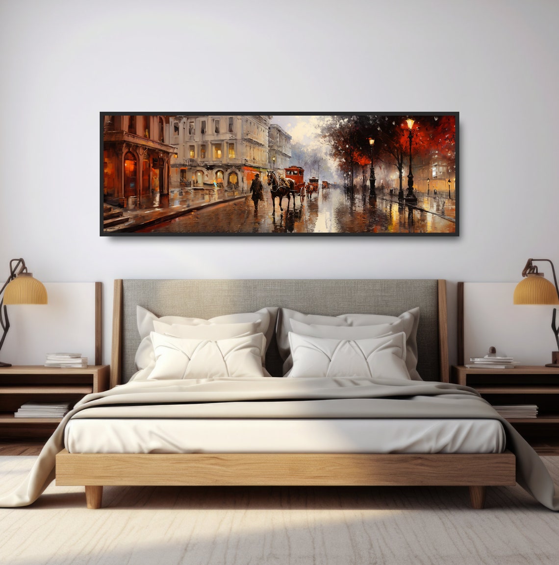 Horse And Carriage City Victorian Street Scene Traditional Classic Vintage Equine Oil Painting Print Wide Panoramic Brown Beige Cityscape - Image 4