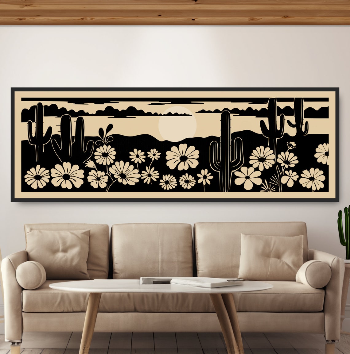 Retro Desert Daisies Saguaro Cactus Woodcut Floral Landscape Poster