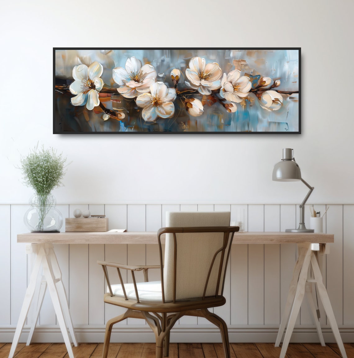 White Cherry Blossom Branch Oil Painting Panoramic Floral Wall Art - Image 2