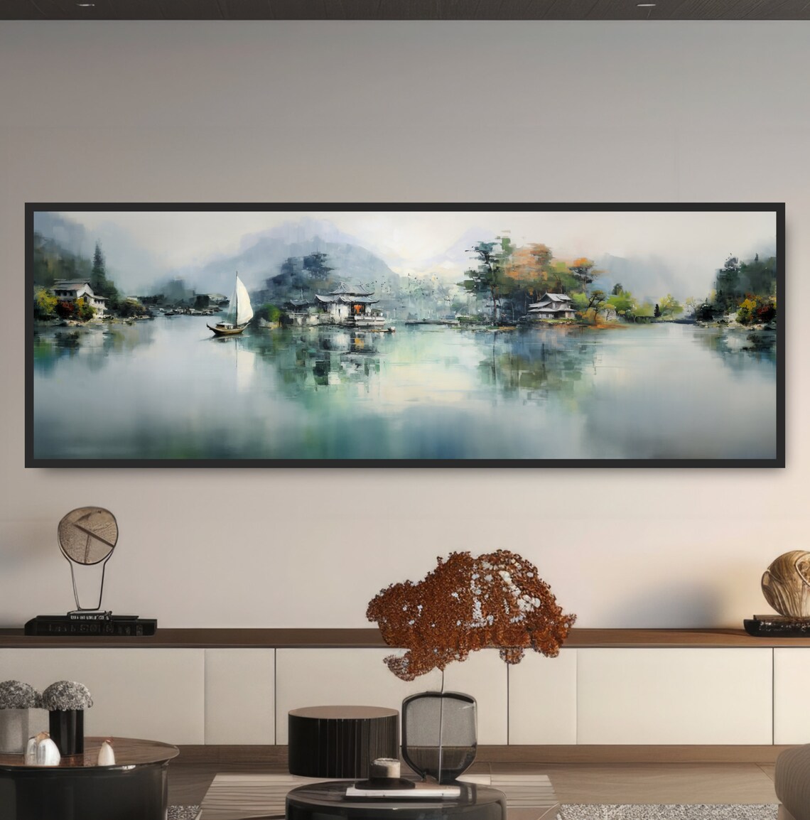 Sailboat On A Lake, Asian Landscape Wall Art Print