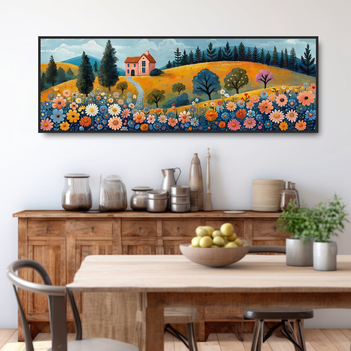Whimsical Pink House on Hill Colorful Folk Art Floral Meadow Poster - Image 3