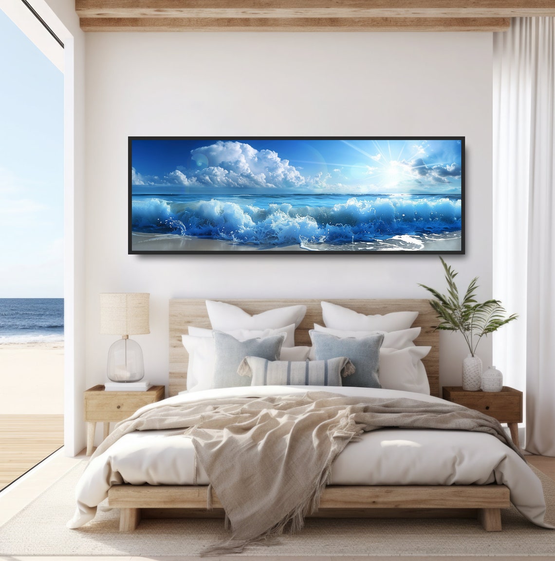 Crashing Blue Ocean Waves Bright Sun Clouds Seashore Wall Poster - Image 4