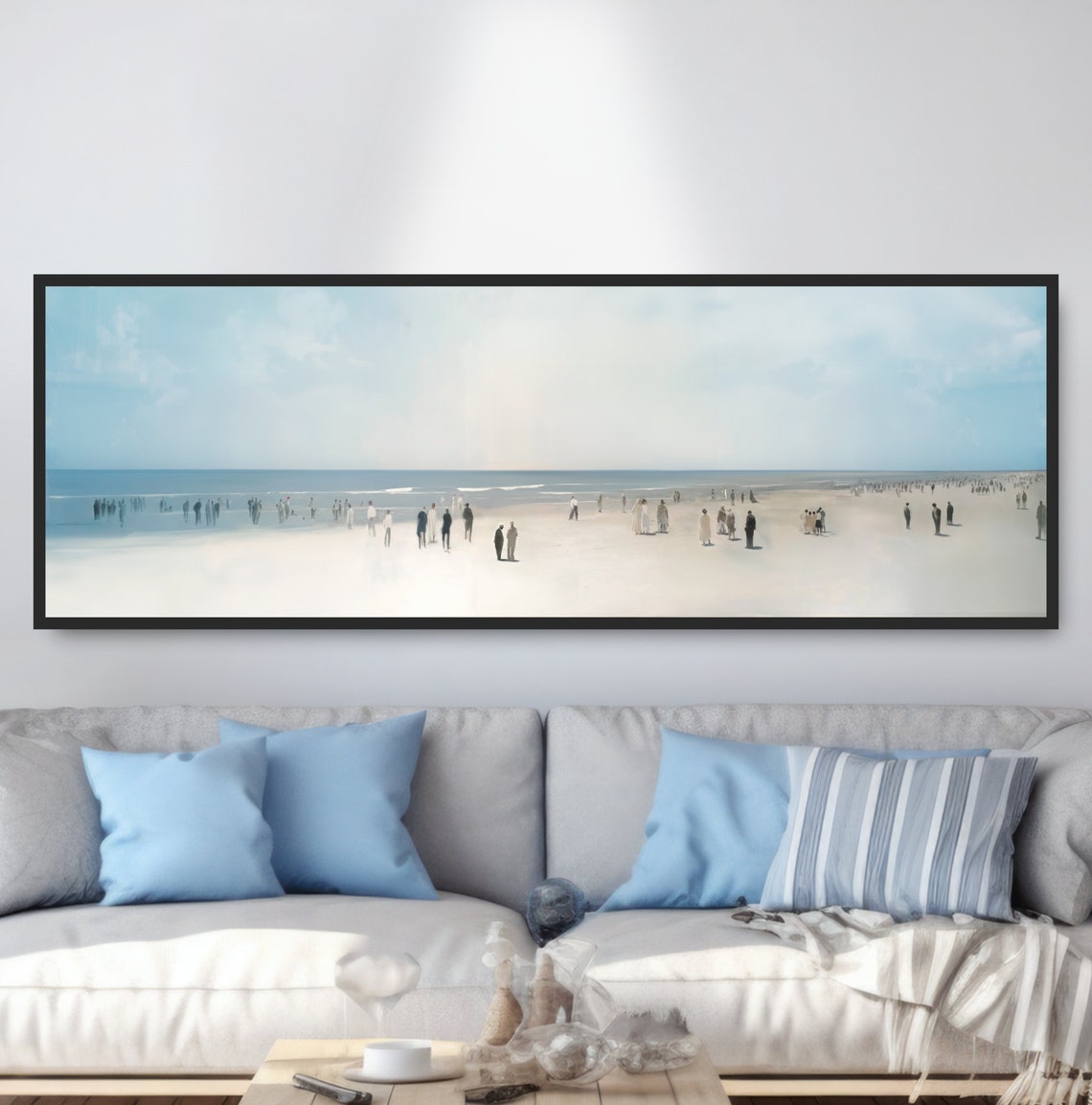 Vintage Pastel Seaside Beach Crowd Soft Blue Sky Retro Wall Poster