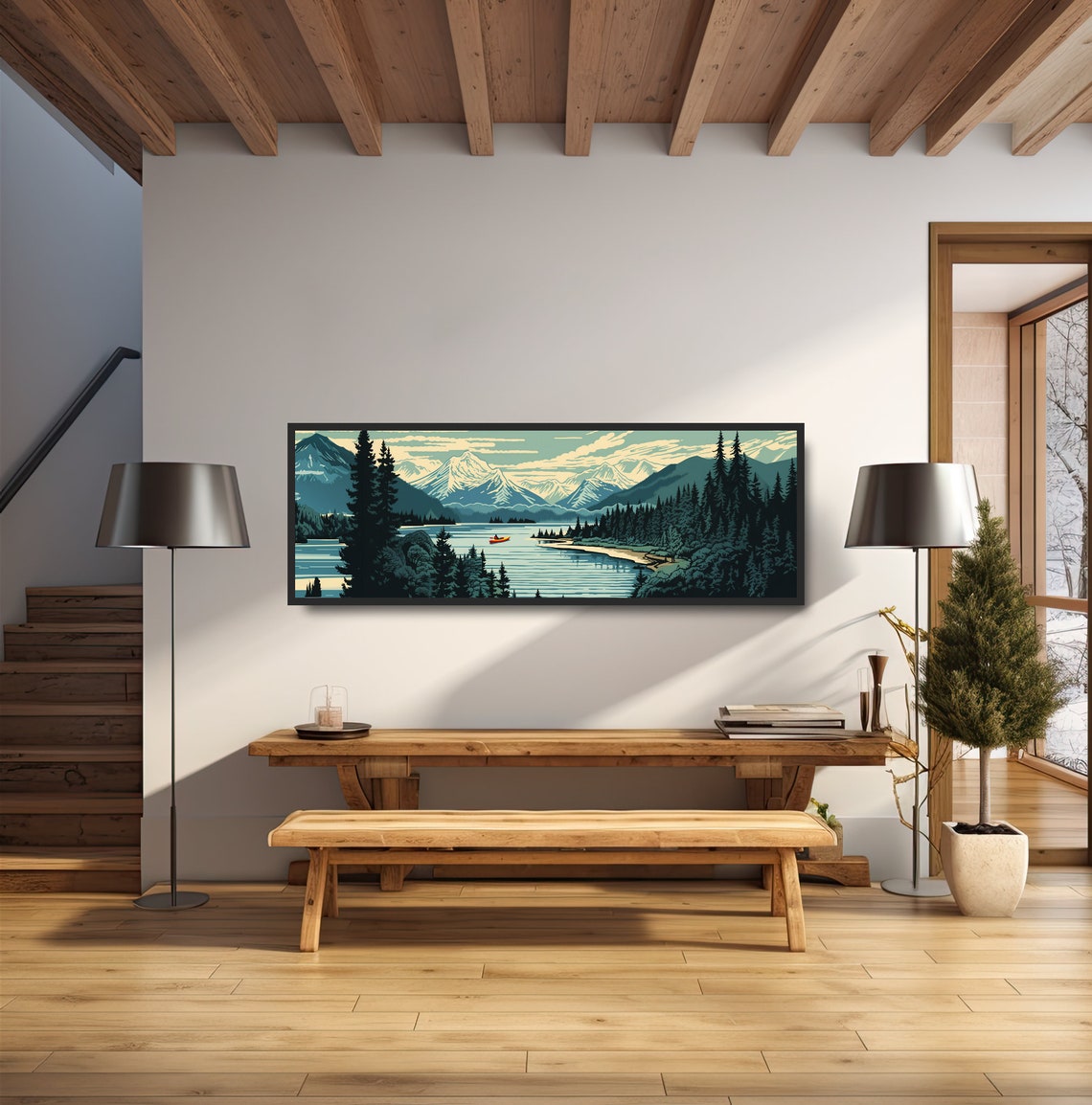 Gift For Kayaker Vintage Mountain River Bold Nature Illustration Large Retro Nostalgic Panoramic Landscape Monochrome Teal Blue Black - Image 3