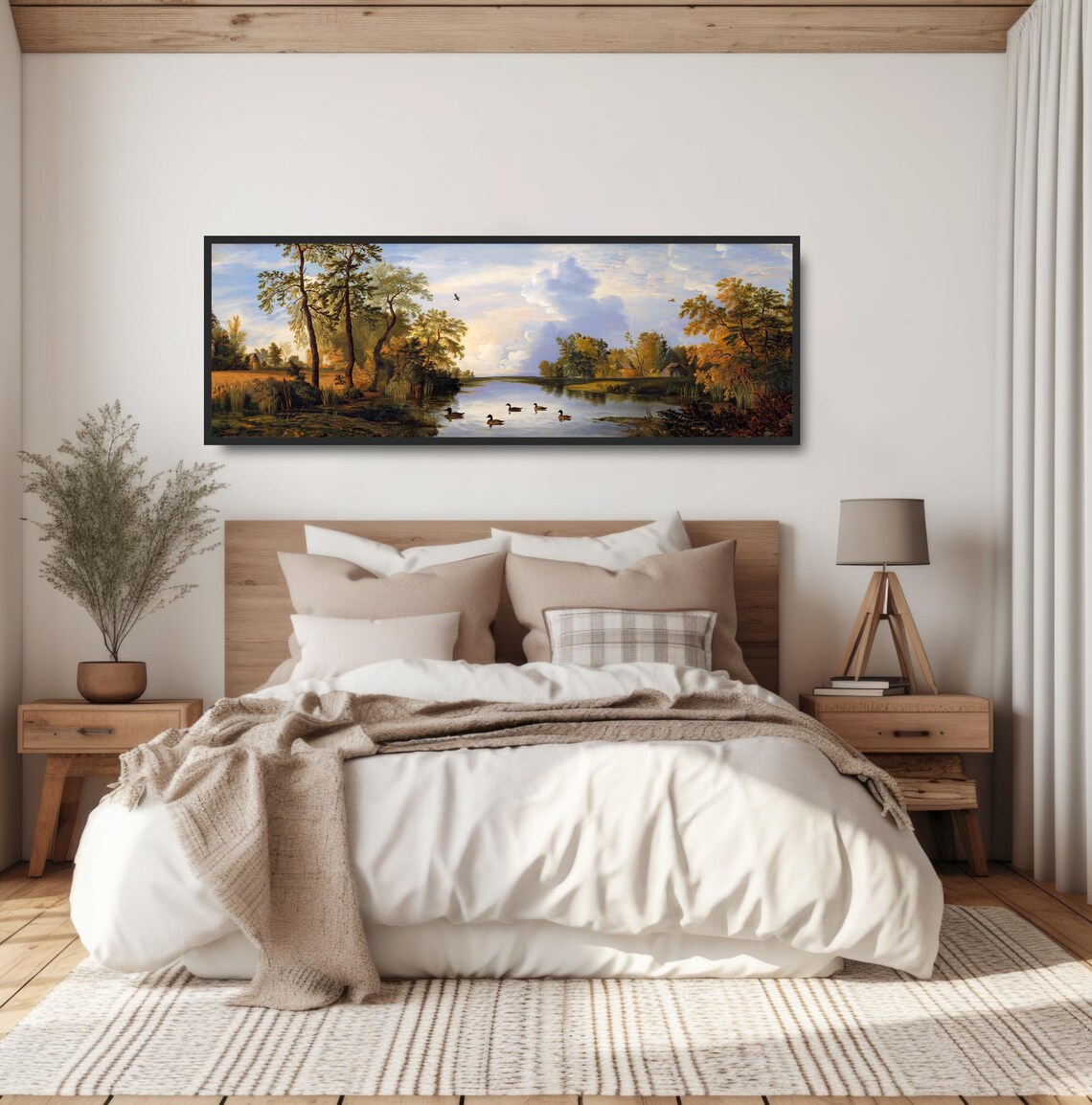 Rustic Duck Pond Autumn Morning Painting Tranquil Lake Cottage Print - Image 4