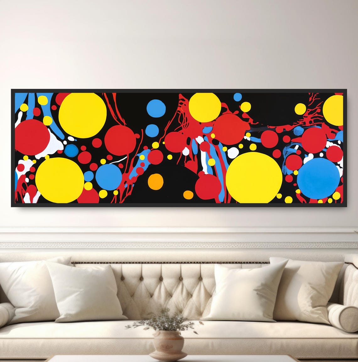 Bold Abstract Circles Painting Colorful Modern Art Print Primary Colors Red Yellow Blue Decor Midcentury Dots Splashes Panoramic