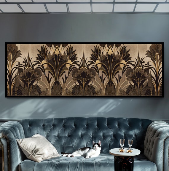 Vintage Art Deco Wallpaper Inspired Print Elegant Glamour Home Decor Bold Panoramic Black Gold Beige Wall Art Framed Poster Or Canvas