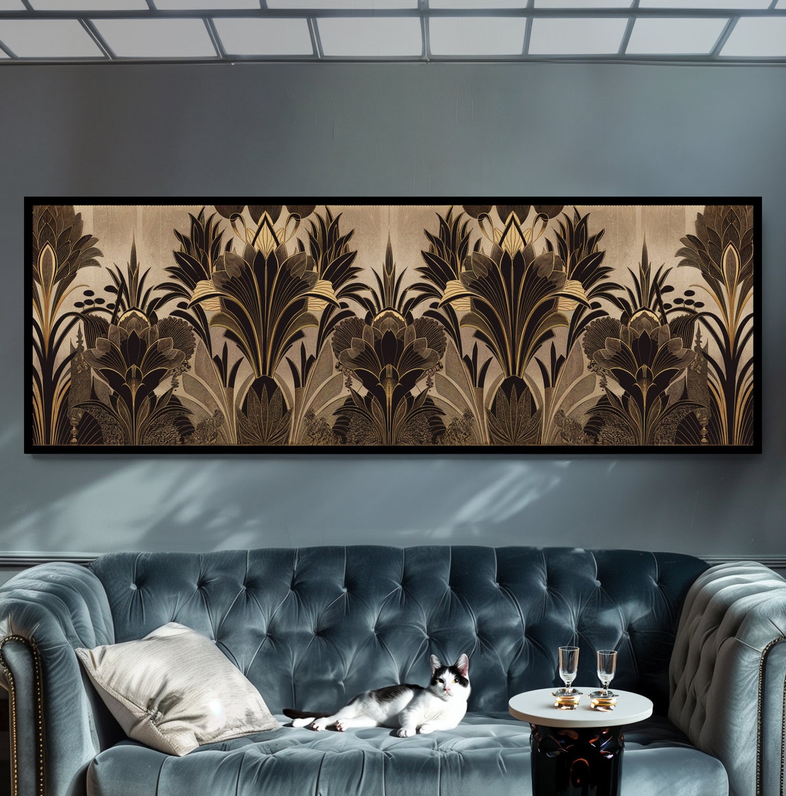 Vintage Art Deco Palm Fan Pattern Black Gold Elegant Wall Poster
