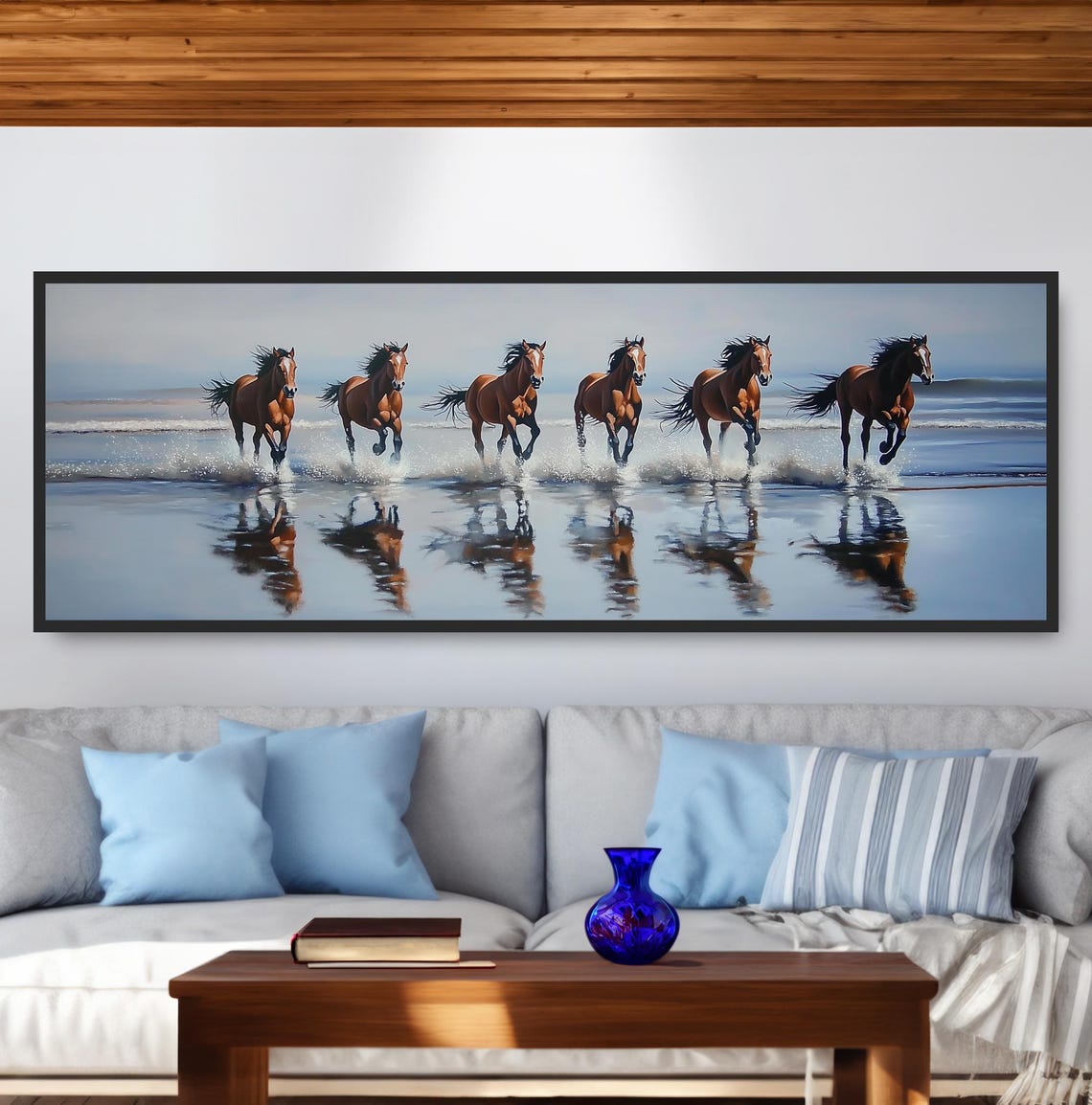 Six Wild Horses Galloping Ocean Surf Beach Wave Splash Equine Print