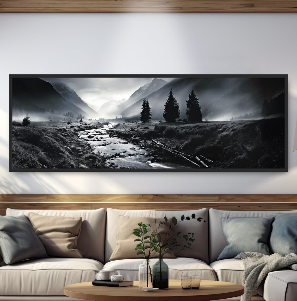Silvery Stream Black White Nature Landscape Art Print