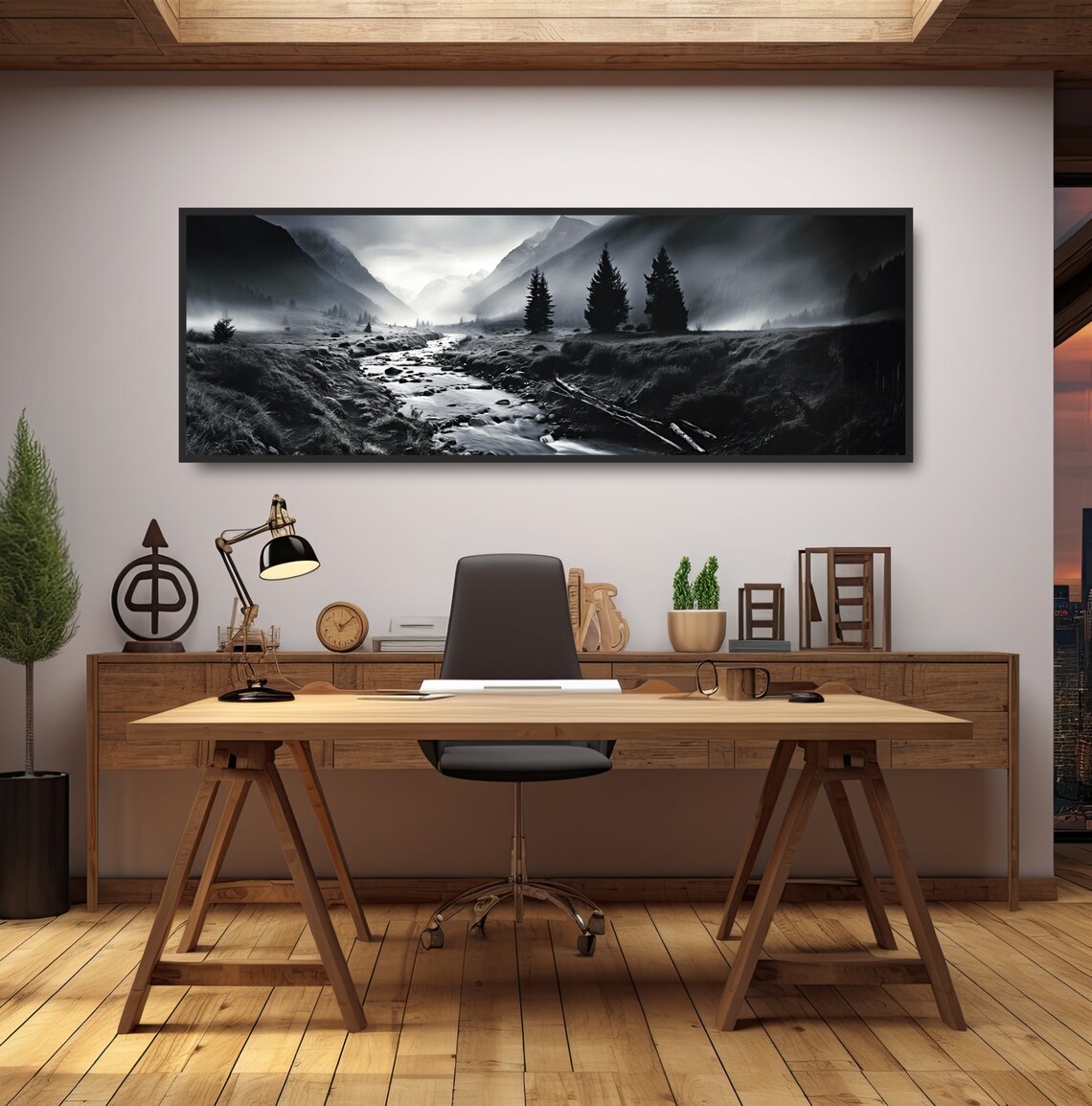 Silvery Stream Black White Nature Landscape Art Print - Image 2