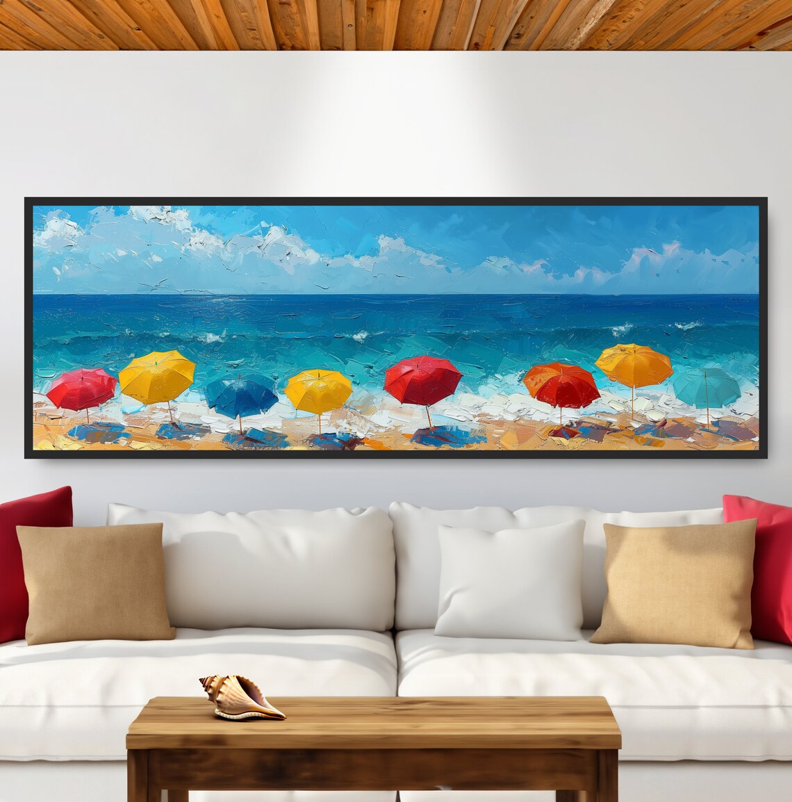 Beach Umbrella Ocean Oil Painting, Coastal Art Print