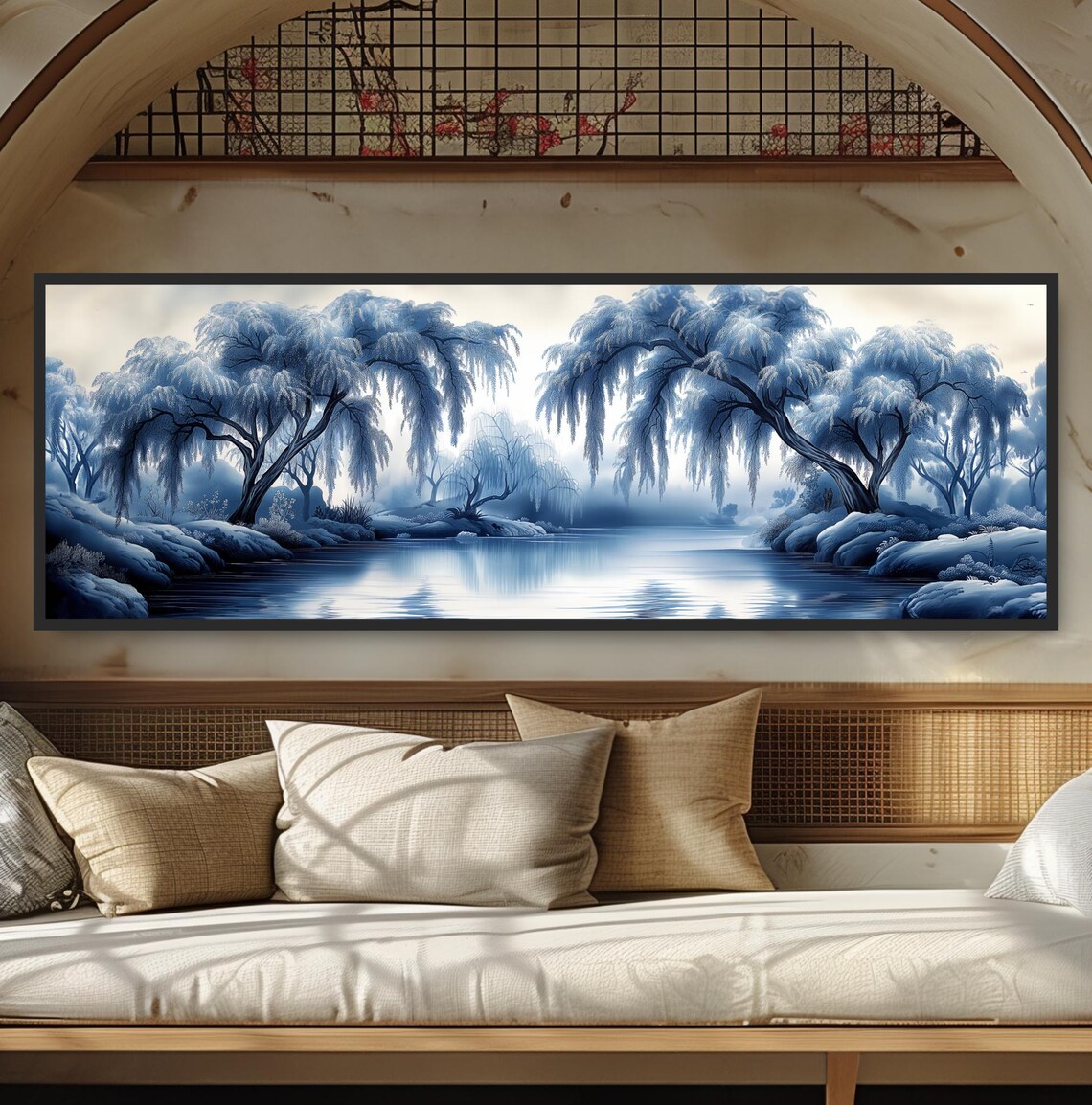 Willow Trees Frozen Lake Blue Chinoiserie Winter Scene Wall Print