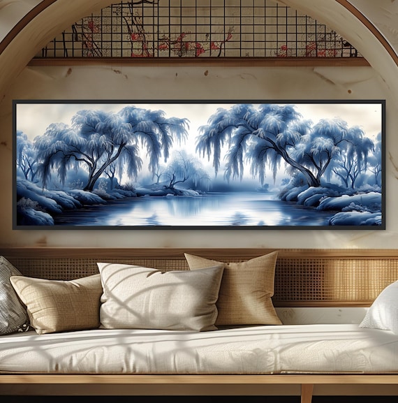 Panoramic Asian Landscape Wall Art Willow Tree Painting Print Blue Toile Chinoiserie Chinese Misty Lake Morning Scene Traditional Decor
