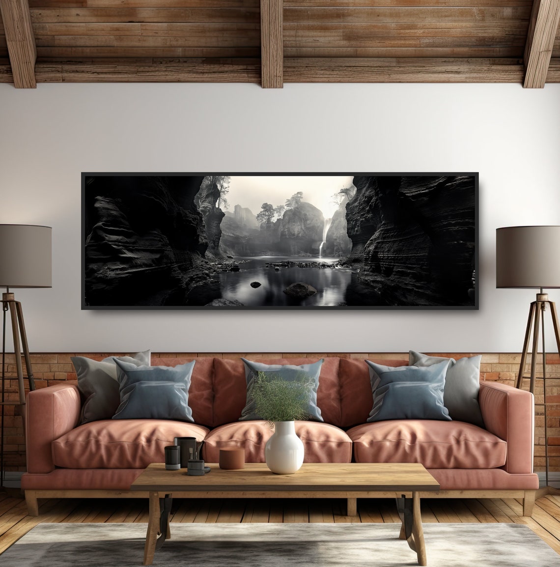 Dramatic Canyon Waterfall Black White Photograph Bold High Contrast Panoramic Landscape Wall Art National Park Nature Poster Or Canvas - Image 5
