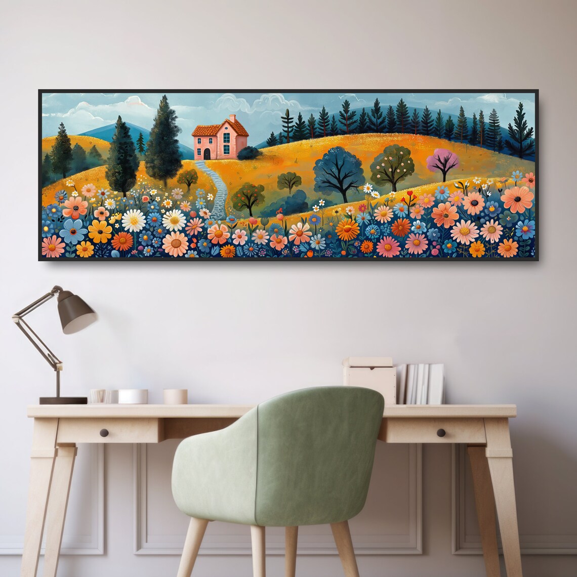 Whimsical Pink House on Hill Colorful Folk Art Floral Meadow Poster - Image 2