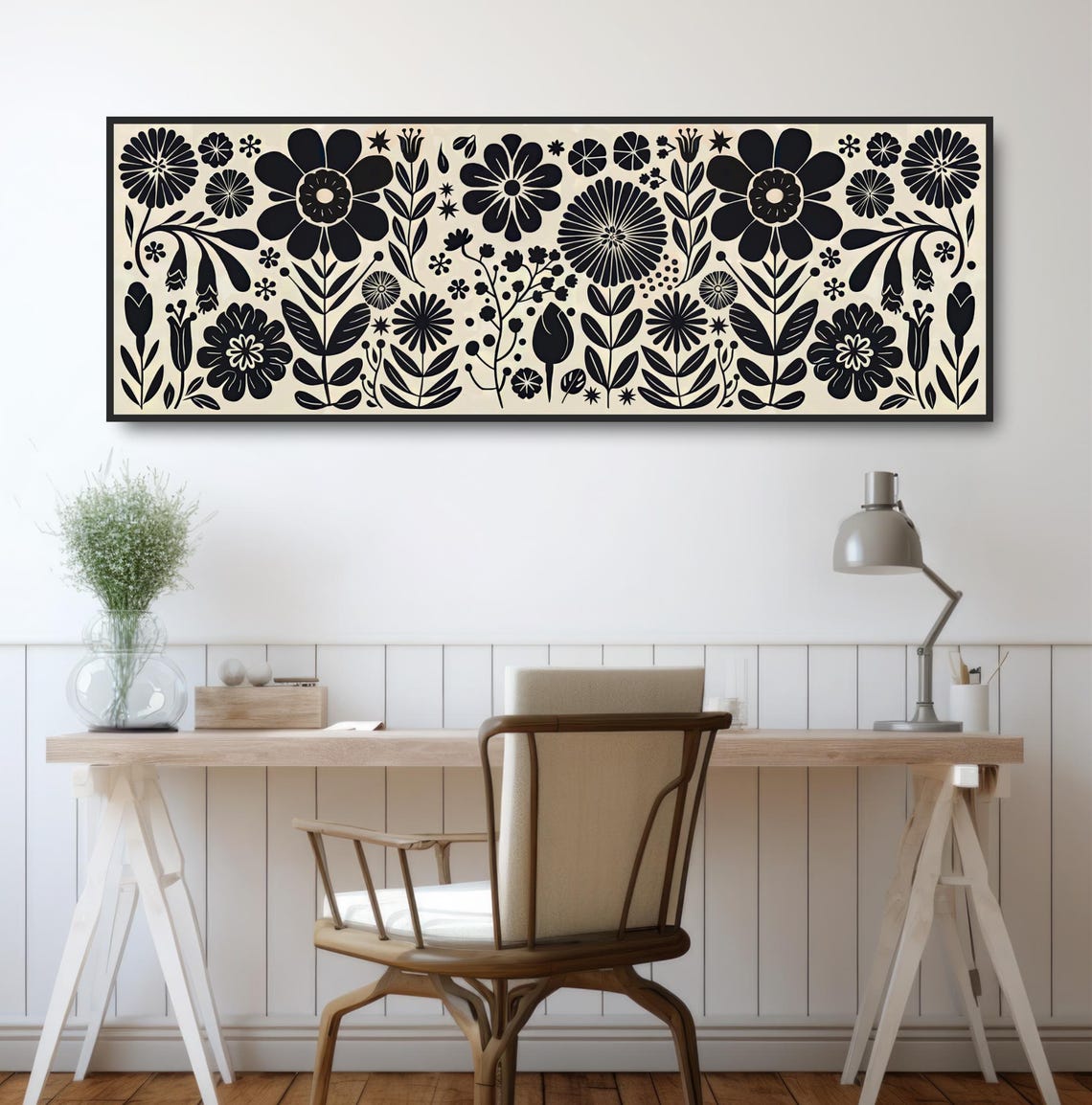 Minimalist Black Beige Floral Pattern Panoramic Boho Botanical Print - Image 2