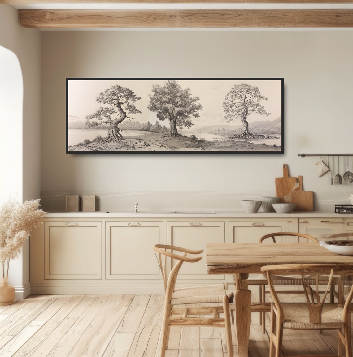 Three Trees Vintage Drawing Sepia Landscape Farmhouse Wall Art - Image 4
