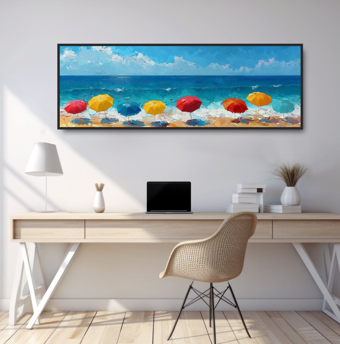 Beach Umbrella Ocean Oil Painting, Coastal Art Print - Image 2