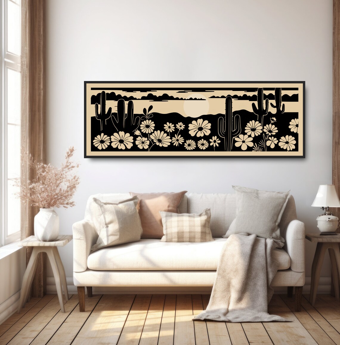 Retro Desert Daisies Saguaro Cactus Woodcut Floral Landscape Poster - Image 5