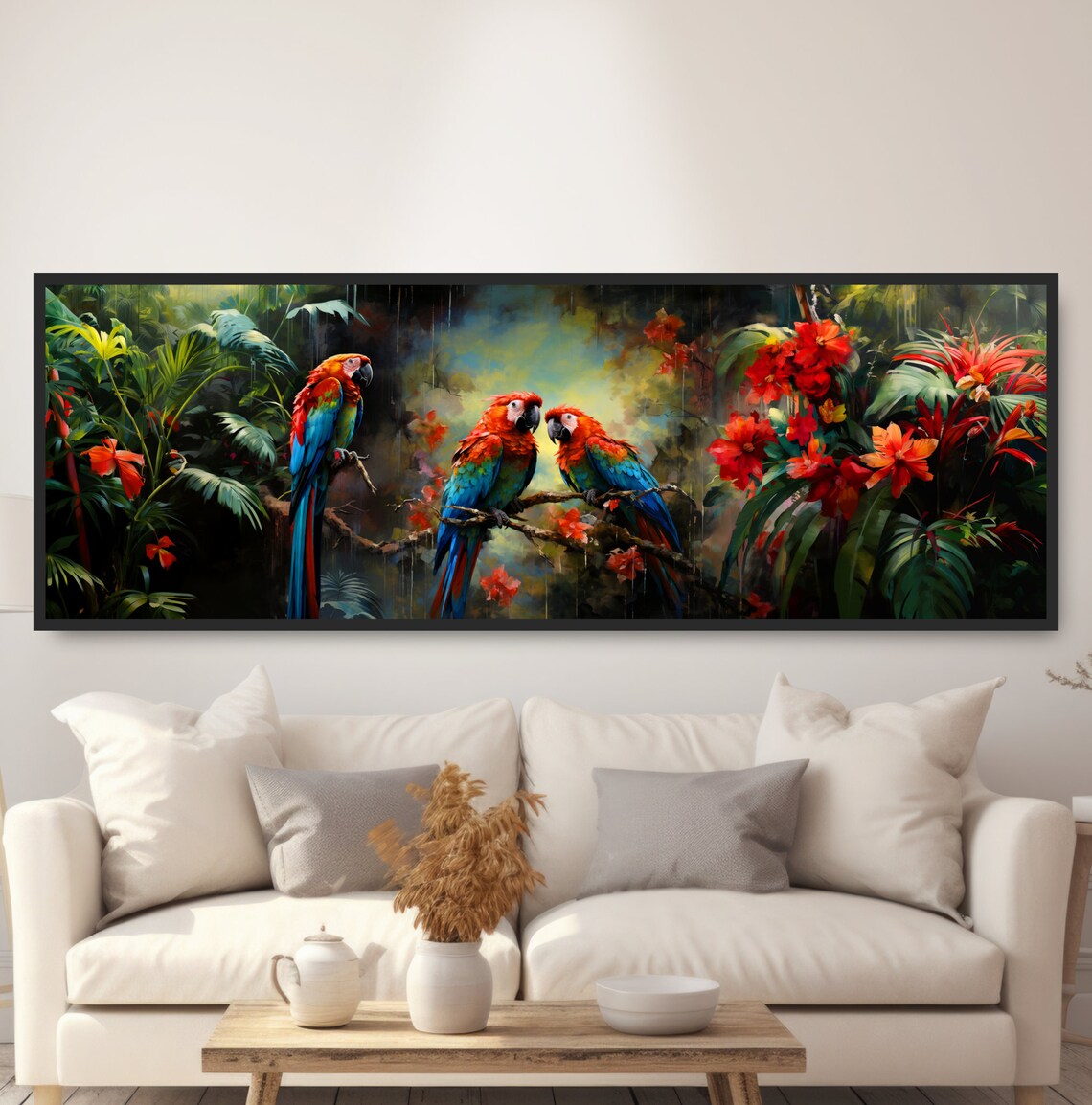 Rainforest Scarlet Macaw Parrots, Tropical Art Print