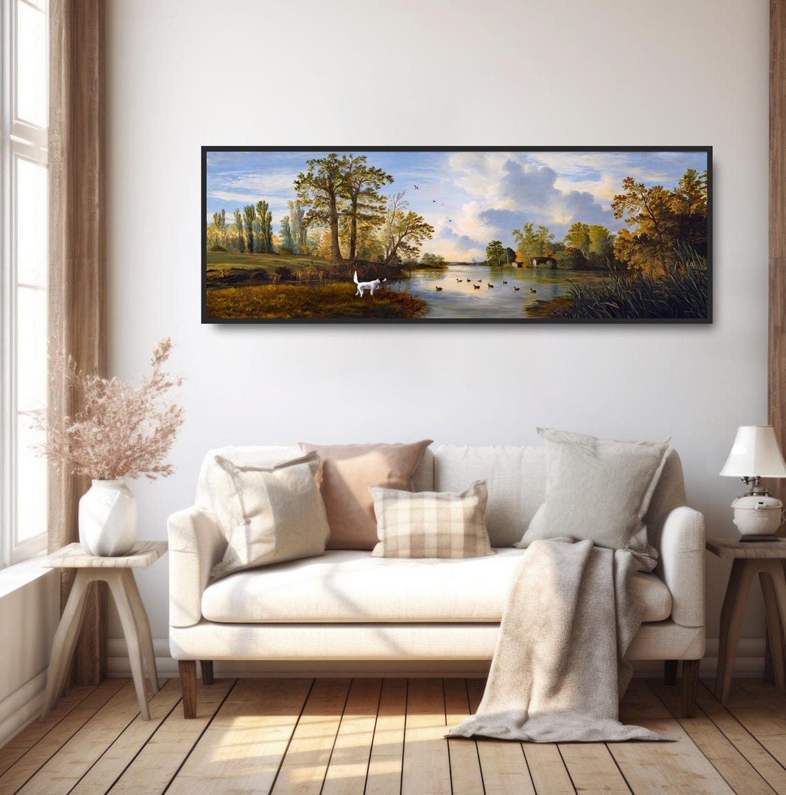 Hunting Dog Autumn River Ducks Panoramic Rustic Landscape Wall Art - Image 5
