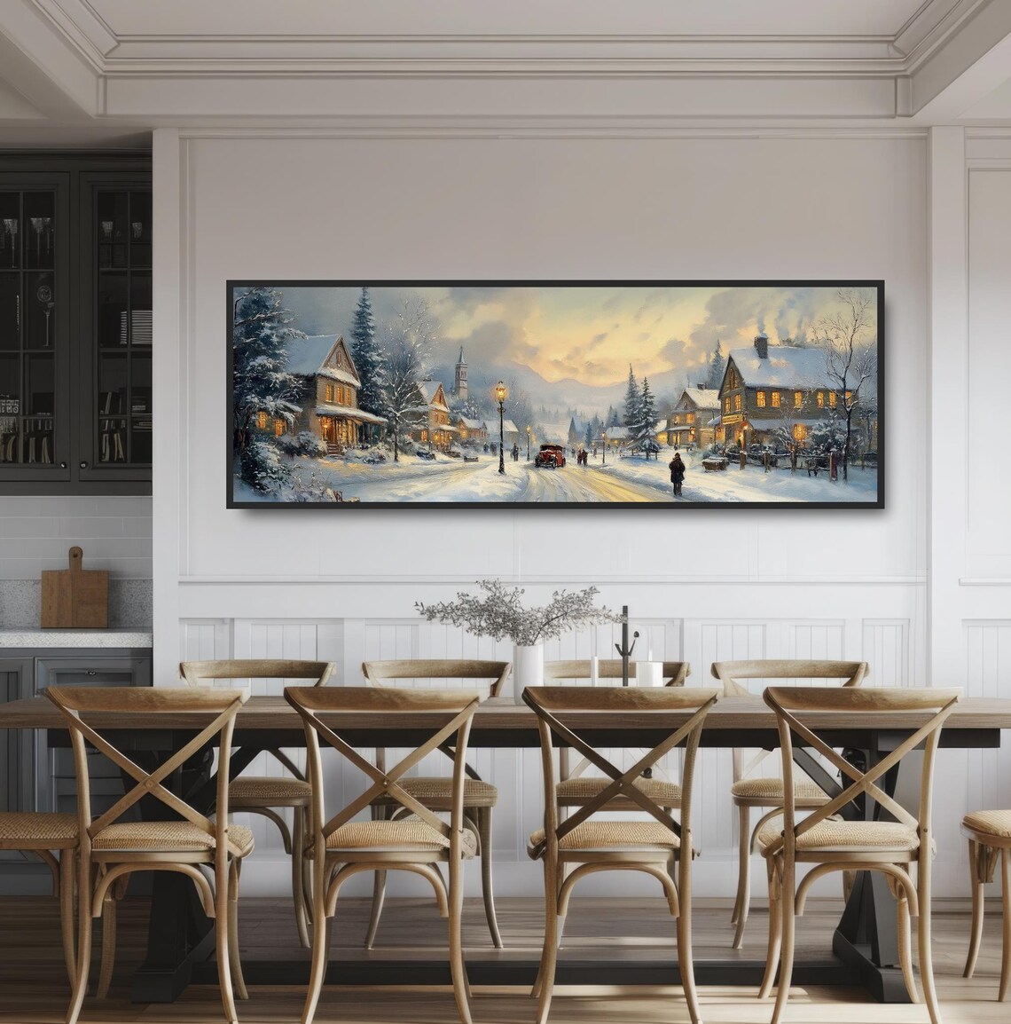 Snowy Village Street Winter Dusk Glowing Vintage Town Christmas Print - Image 3