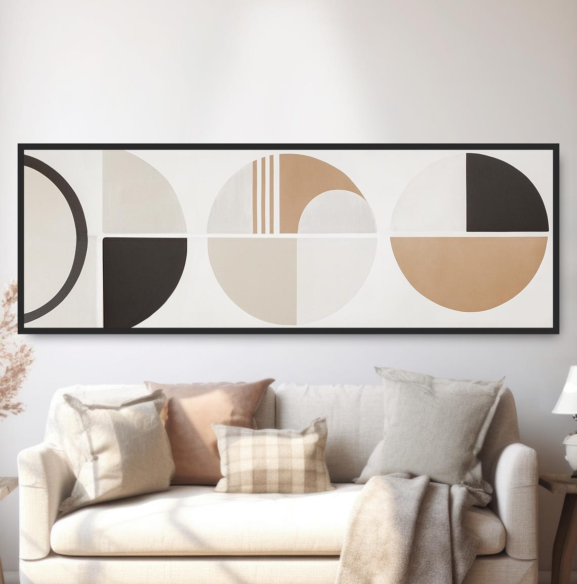 Neutral Abstract Wall Art Geometric Boho Decor Panoramic Beige Black White Painting Minimalist Contemporary Circles Mcm Artwork