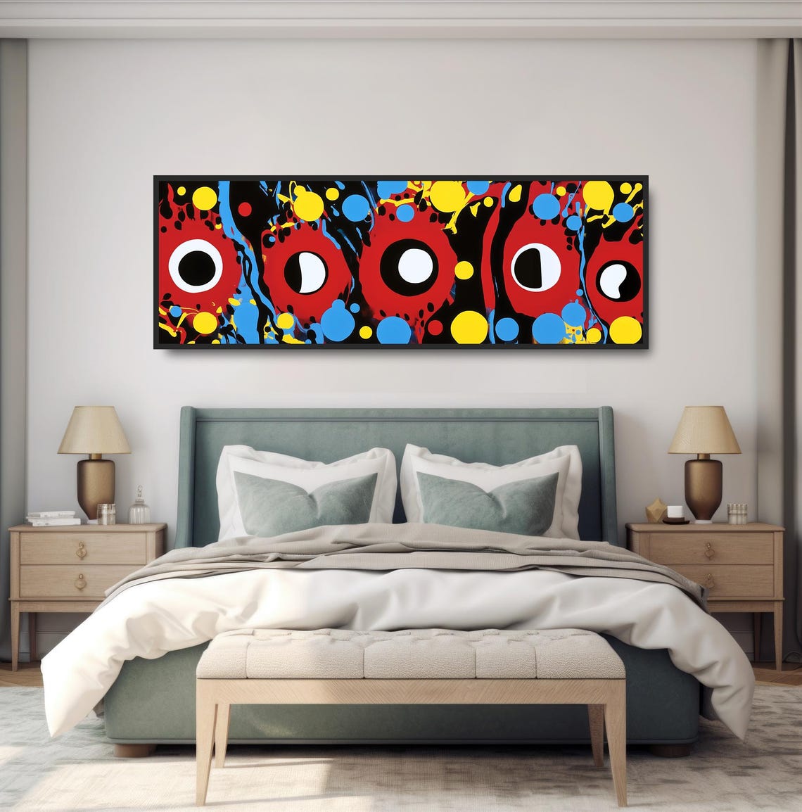 Colorful Abstract Circle Art Bold Modern Painting Red Blue Yellow Print Vibrant Drip Midcentury Panoramic Dynamic Splatter Poster - Image 4