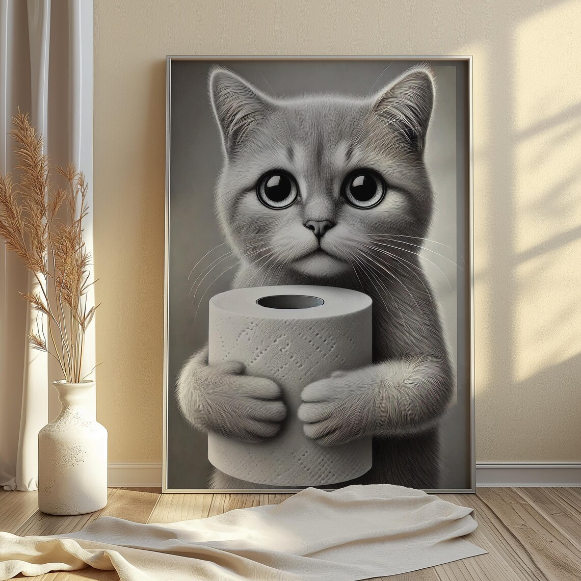 Funny Cat Holding Toilet Paper Bathroom Maximalist Humor Art Poster - Image 2