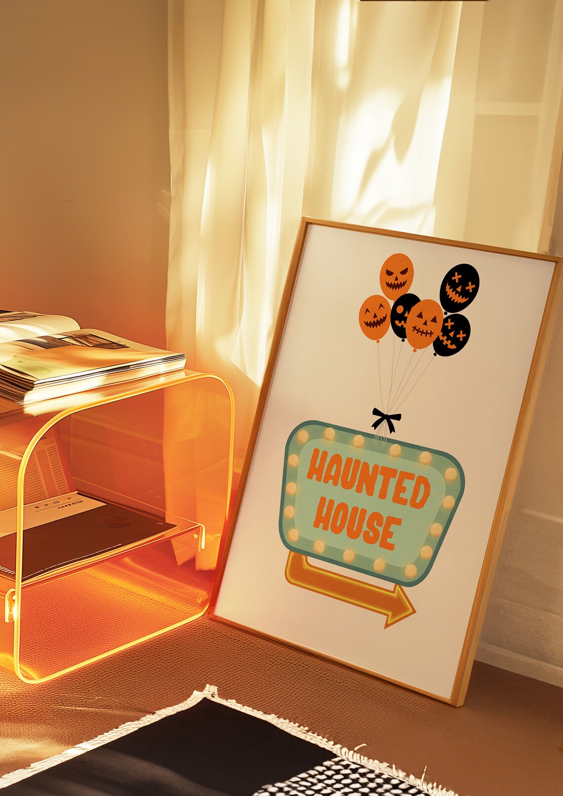 Haunted House Retro Marquee Sign Pumpkin Balloons Orange Halloween Poster - Image 3
