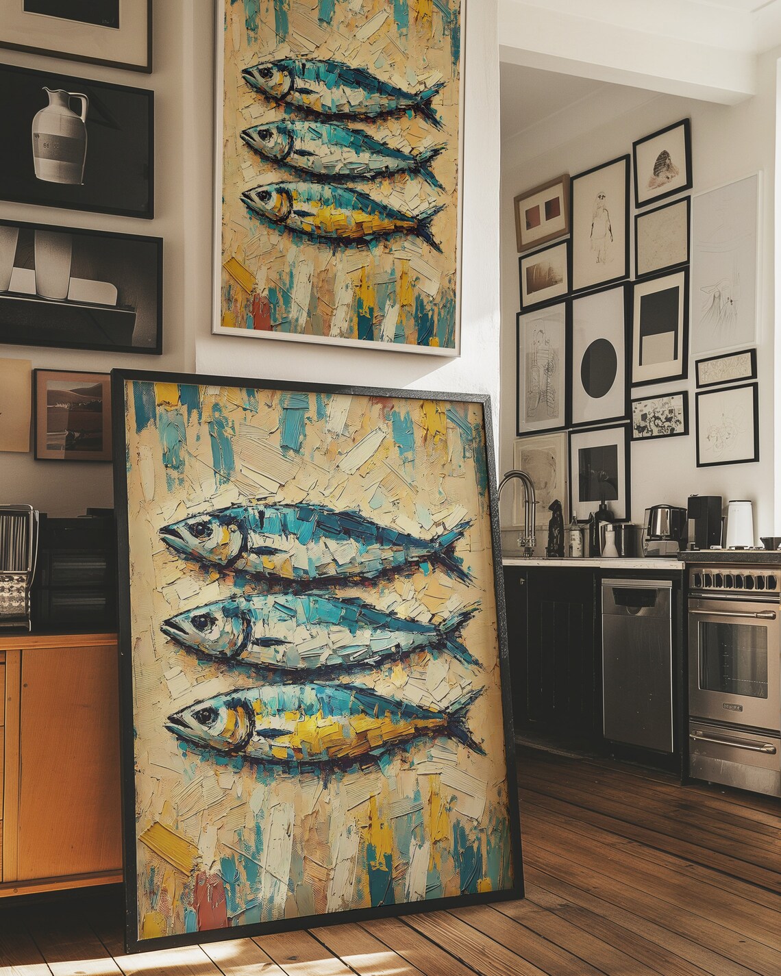 Three Sardines Impasto Oil Painting In Blue Kitchen Art Poster - Image 2