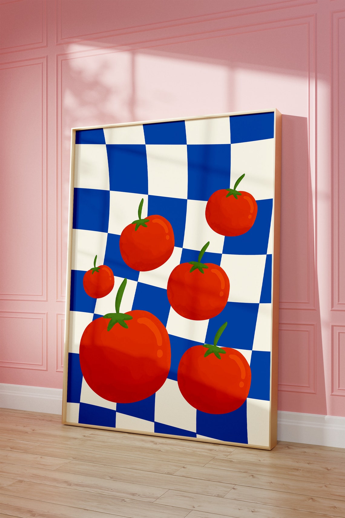 Retro Red Tomato Illustration on Blue Checkered Kitchen Art Poster - Image 3