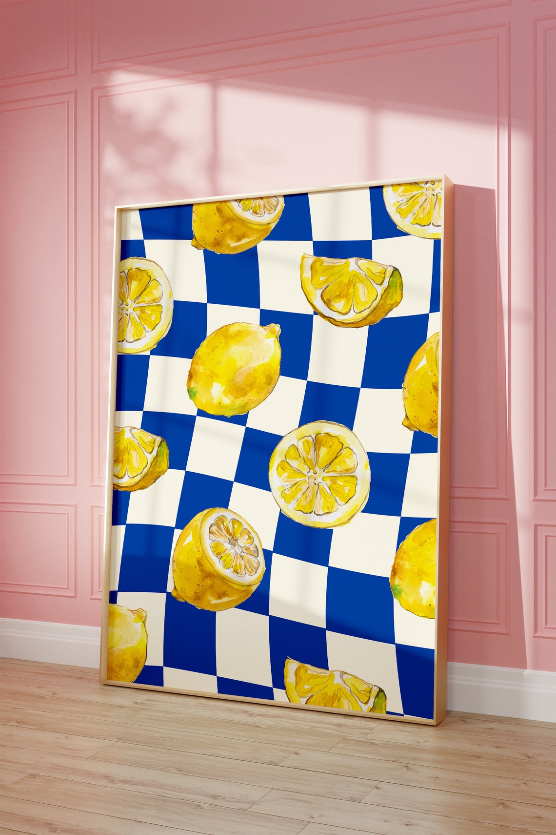 Sunny Lemon Checkerboard Blue And White Citrus Pattern Art Poster - Image 3