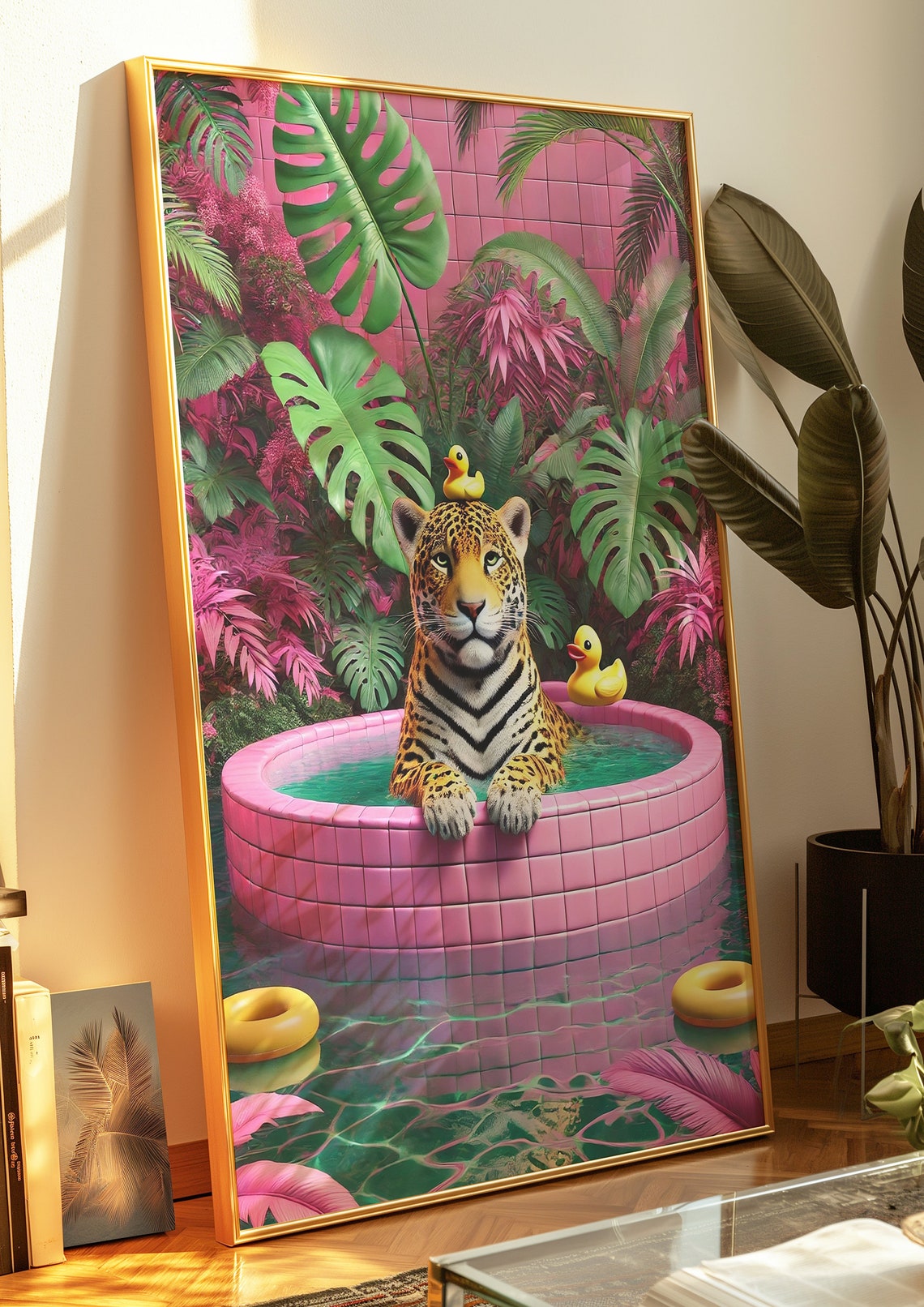 Leopard In Pink Tiled Pool With Rubber Ducks Funny Art Poster - Image 4