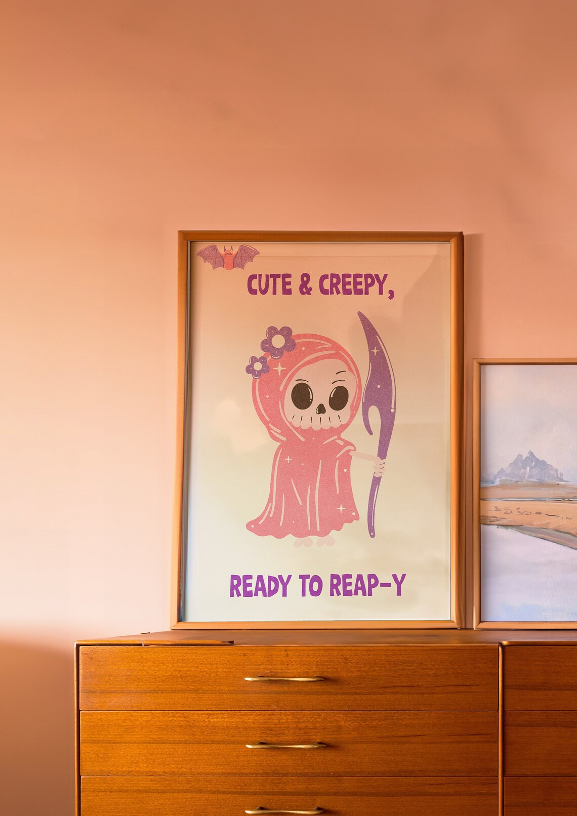Cute and Creepy Pink Reaper Halloween Kawaii Spooky Wall Art - Image 3