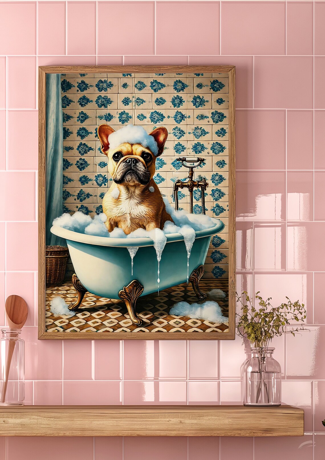 Cute French Bulldog Puppy in a Bubble Bath Funny Bathroom Wall Art - Image 4