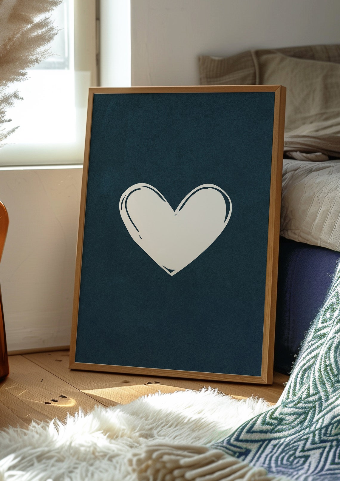 Minimalist White Heart on Navy Blue Modern Abstract Wall Art - Image 2