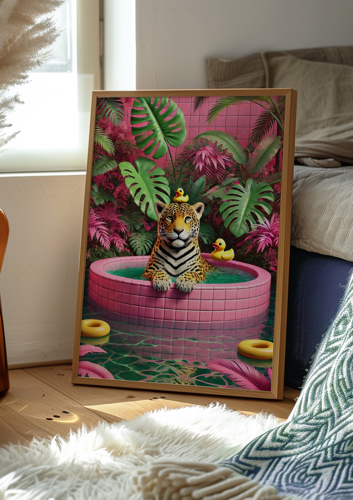 Leopard In Pink Tiled Pool With Rubber Ducks Funny Art Poster - Image 3