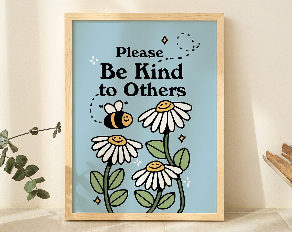 Bee Flower Wall Print Be Kind Retro Flowers Wall Decor Flower Art Blue Prints Cute Kids Decor